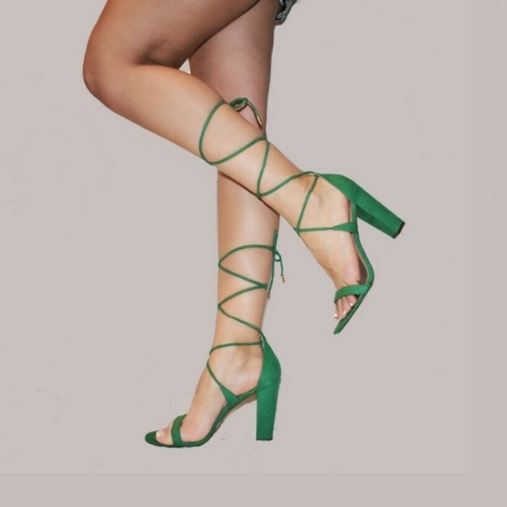 Strappy Sandals Heels Green Suede